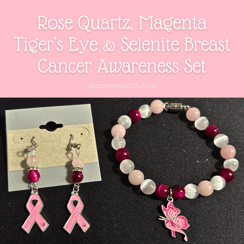 Rose Quartz, Magenta Tiger’s Eye & Selenite Breast Cancer Awareness Jewelry Set