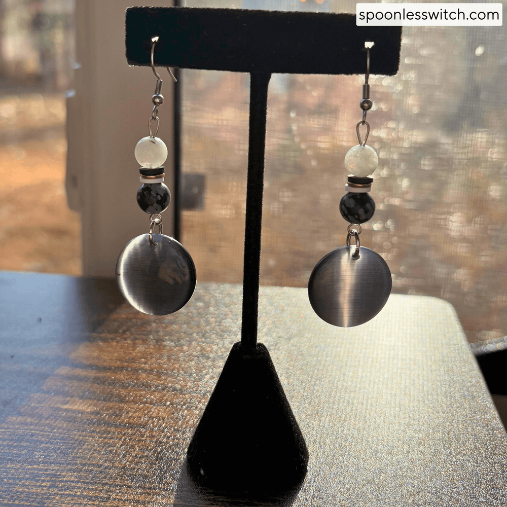 Smoky Quartz Snowflake Obsidian & Rainbow Moonstone Earrings