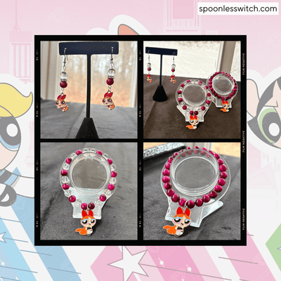 The Powerpuff Girls Jewelry Sets, Blossom, Magenta Tiger’s Eye & Clear Quartz